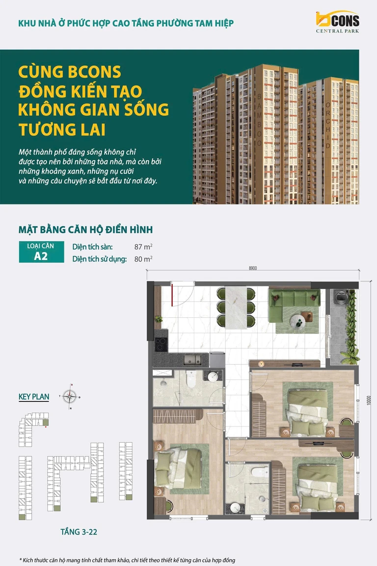 Mặt bằng căn hộ điển hình loại A2 — 87 m² sàn, 80 m² sử dụng