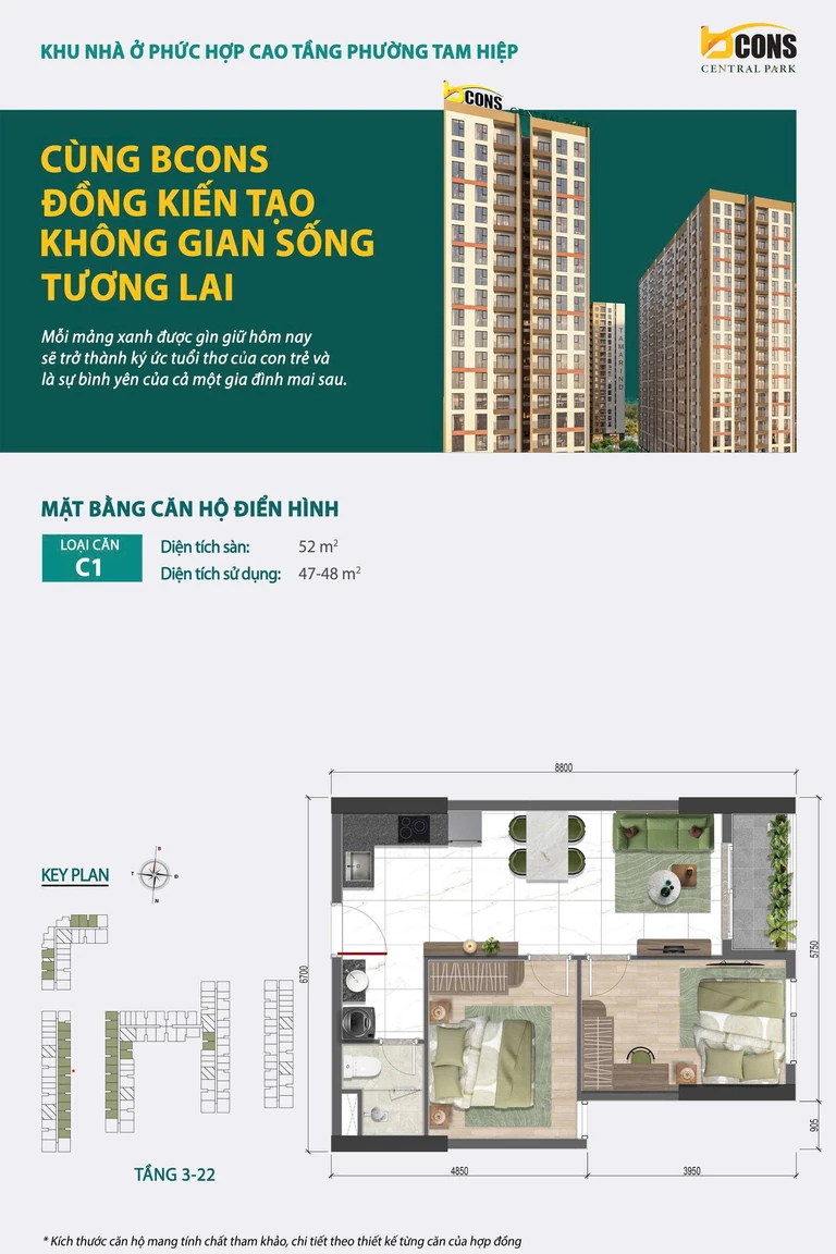 Mặt bằng căn hộ điển hình loại C1 — 52 m² sàn